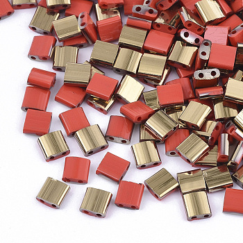 2-Hole Glass Seed Beads, Half Golden Plated Colours, Square, Red, 5x4.5~5.5x2~2.5mm, Hole: 0.5~0.8mm, about 1180pcs/bag