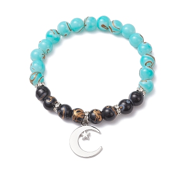 Round Glass Beaded Stretch Bracelets, Moon Alloy Charm Bracelets, Mixed Color, Inner Diameter: 2-1/4 inch(5.85cm)