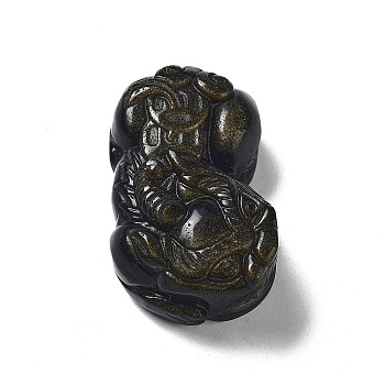 Feng Shui Natural Golden Sheen Obsidian Carven Pendants, Pixiu, Dark Khaki, 45x31x15~18mm, Hole: 2mm