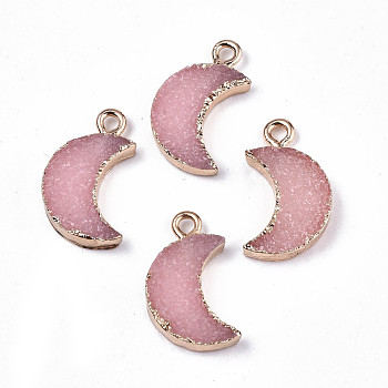 Druzy Resin Pendants, with Edge Light Gold Plated Iron Loops, Moon, Pink, 19x11x3.5mm, Hole: 1.8mm