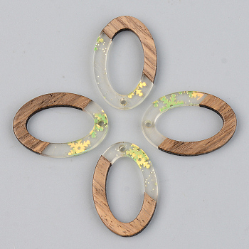 Transparent Resin & Walnut Wood Pendants, with Paillette/Sequin, Oval with Snowflake, Clear, 29x19.5x3mm, Hole: 1.8mm