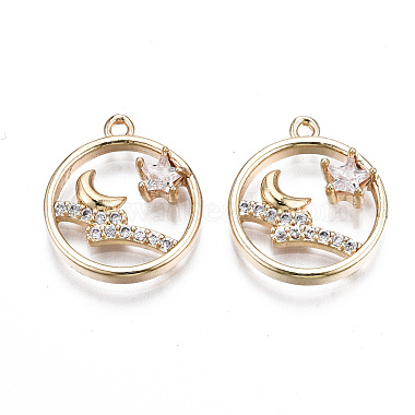 Light Gold Clear Flat Round Brass+Cubic Zirconia Pendants