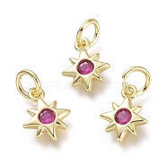 Brass Micro Pave Cubic Zirconia Pendants, with Jump Rings, Star, Real 18K Gold Plated, Fuchsia, 10x8x2mm, Hole: 3.5mm(KK-P188-H08-G)