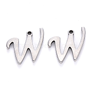 201 Stainless Steel Charms, Laser Cut, Stainless Steel Color, Letter.W, 12x14x1mm, Hole: 1mm(STAS-R105-W)