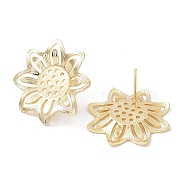 Brass Stud Earring Finding, with Vertical Loops, Sunflower, Real 18K Gold Plated, 25x25mm, Hole: 1.2mm, Pin: 0.7mm(KK-C031-12G)