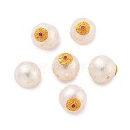 Round Natural Freshwater Pearl Beads, with Long-Lasting Plated Rack Plating Brass Flat Round with Om Mani Padme Hum Findings, Real 18K Gold Plated, 9.5x9.5x11mm, Hole: 1~1.2mm(PEAR-K009-10G)