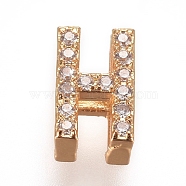 Golden Plated Brass Micro Pave Cubic Zirconia Slide Charms, Letter, Clear, Letter.H, 7~7.5x1.5~6.5x3mm, Hole: 6x1mm(ZIRC-L075-61H-G)
