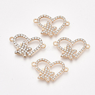 Alloy Links connectors, with Rhinestone, Heart and Butterfly, Crystal, Golden, 15x23.5x2mm, Hole: 1.5mm(X-PALLOY-S118-29)
