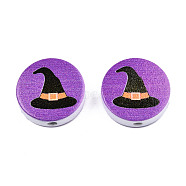 Halloween Printed Natural Wood Beads, Flat Round with Witch Hat Pattern, Medium Orchid, 19~20x5.9mm, Hole: 2~2.2mm(WOOD-T021-61)