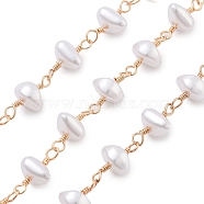 Brass Link Chains, with ABS Plastic Pearl, with Spool, Soldered, Real 18K Gold Plated, 14.5x8.5x6mm, 5m/roll(CHC-H109-01G-03)