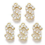 Brass Micro Pave Cubic Zirconia Charms, Nickel Free, Letter, Clear, Real 18K Gold Plated, Letter.S, 13.5x7.5x2.5mm, Hole: 1.2mm(KK-T060-05-S-G-NF)