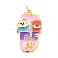 Real 18K Gold Plated Brass Clear Cubic Zirconia Pendants, with Enamel and Jump Ring, Abstract Face, Pearl Pink, 26x15x4mm, Hole: 3.4mm(KK-A198-22G-04)