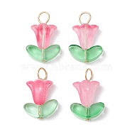 Glass Pendants, with Golden Iron Loops, Flower of Life Charms, Pink, 21~22x14x6mm, Hole: 3.8~4mm(PALLOY-JF02320-02)