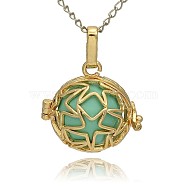 Golden Tone Brass Hollow Round Cage Pendants, with No Hole Spray Painted Brass Ball Beads, Medium Turquoise, 23x24x18mm, Hole: 3x8mm(KK-J231-08G)