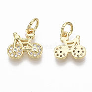 Brass Micro Pave Clear Cubic Zirconia Charms, with Jump Ring, Nickel Free, Bike, Real 18K Gold Plated, 10x10x1.5mm, Hole: 3mm(ZIRC-R109-016G-NF)