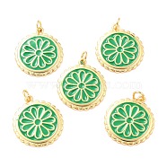 Real 18K Gold Plated Brass Pendants, with Enamel, Long-Lasting Plated, Flat Round with Flower, Green, 22.5x19.5x2mm, Jump Ring: 5x1mm, 3mm Inner Diameter(X-KK-L206-013G-06)