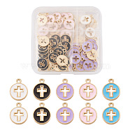 100Pcs 5 Colors Light Gold Plated Alloy Enamel Pendants, Flat Round with Cross, Mixed Color, 15x12x1.5mm, Hole: 1.6mm, 20pcs/color(ENAM-BY0001-01)