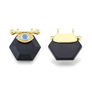 Brass Micro Pave Clear Cubic Zirconia Pendants, with Glass, Nickel Free, Real 18K Gold Plated, Hexagon with Eye, Black, 24x22.5x9mm, Hole: 1.8mm(KK-N227-106C)