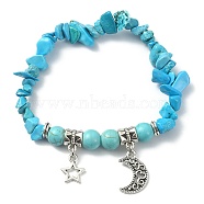 Synthetic Turquoise Chips Stretch Bracelet, Moon & Star Alloy Charms Adjustable Bracelet for Women, Inner Diameter: 2-1/4 inch(5.7cm)(BJEW-JB09598-03)