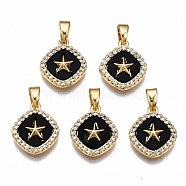 Brass Micro Pave Clear Cubic Zirconia Charms, with Enamel, Nickel Free, Rhombus with Star, Real 18K Gold Plated, Black, 14x12x3mm, Hole: 2.5x4.5mm, Side Length: 11mm(KK-T063-87-NF)