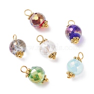 Electroplated Glass Pendants, with Brass & Alloy Findings, AB Color, Faceted Round, Golden, Mixed Color, 14x7.5mm, Hole: 2.5mm(PALLOY-JF01184)