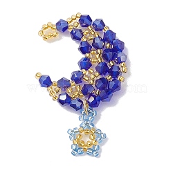 Imitation Austrian Crystal 5301 Glass & TOHO Round Seed Beaded Pendant, Star with Moon Charms with 304 Stainless Steel Jump Rings, Dark Blue, 46x29x4mm, Hole: 2mm(PALLOY-MZ00179-02)