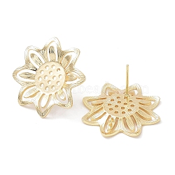 Brass Stud Earring Finding, with Vertical Loops, Sunflower, Real 18K Gold Plated, 25x25mm, Hole: 1.2mm, Pin: 0.7mm(KK-C031-12G)