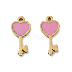 Ion Plating(IP) 316 Stainless Steel Enamel Charms, Heart Key Charm, Real 18K Gold Plated, Pearl Pink, 14x7x1.5mm, Hole: 1mm(STAS-U014-63G-01)