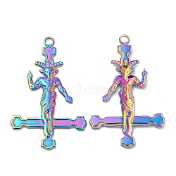 304 Stainless Steel Pendants, Cross with Baphomet Charm, Rainbow Color, 43x27x2mm, Hole: 3mm(STAS-Z041-21RC)