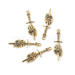 Tibetan Style Alloy Pendants, Skull Sword with Heart Charm, Antique Golden, 49x13.5x7mm, Hole: 2.2mm(PALLOY-B011-02AG)