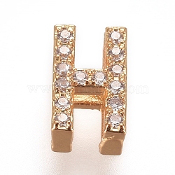 Golden Plated Brass Micro Pave Cubic Zirconia Slide Charms, Letter, Clear, Letter.H, 7~7.5x1.5~6.5x3mm, Hole: 6x1mm(ZIRC-L075-61H-G)