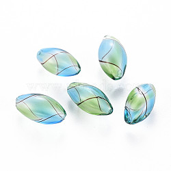 Transparent Handmade Blown Glass Globe Beads, Stripe Pattern, Rice, Light Sky Blue, 18.5~19.5x9.5~10.5mm, Hole: 0.8~1.5mm(X-GLAA-T012-06)