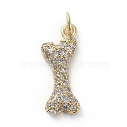 Brass Micro Pave Cubic Zirconia Pendants, with Jump Rings, Bone, Clear, Golden, 19.5x8x3mm, Hole: 1.6mm(ZIRC-G157-24G-02)