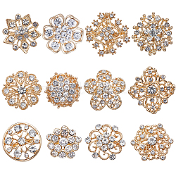 12Pcs 12 Style Crystal Rhinestone Flower Brooch Pins, Alloy Badges for Women, Golden, 20~28x20~28x3.5~8mm, 1Pc/style(JEWB-GF0001-36A)