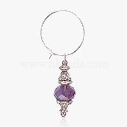 Wine Glass Charms, with Alloy and Glass Findings, Brass Hoops, Silver Color Plated & Antique Silver, Purple, 58mm(AJEW-JO00153-01)