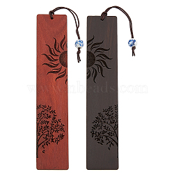 AHADEMAKER 2Pcs 2 Colors Wood Bookmarks, with Porcelain Beads, Rectangle with Tree of Life & Sun Pattern, Mixed Color, 216~225mm, 1pc/style(AJEW-GA0004-16)