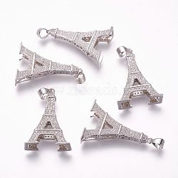 Brass Micro Pave Cubic Zirconia Pendants, Eiffel Tower, Platinum, 28x19x6.5mm, Hole: 3.5x4mm(ZIRC-F054-37P)