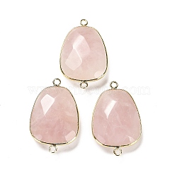 Natural Rose Quartz Faceted Connector Charms, Rack Plating Brass Teardrop Charms, Cadmium Free & Lead Free, 33.5~34x21x6~6.5mm, Hole: 2mm(G-F763-02G-06)
