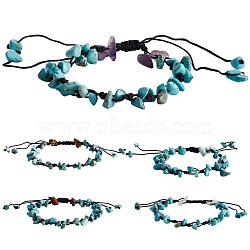 5Pcs 5 Styles Adjustable Braided Nylon Cord Anklets, with Chip Natural Gemstone Beads and Velvet Bags, 2-3/8~3-7/8 inch(6~10cm), 1pc/style(AJEW-SZ0001-63)