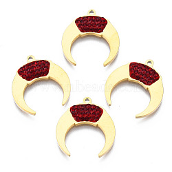 316 Surgical Stainless Steel Pendants, with Micro Pave Cubic Zirconia, Real 14K Gold Plated, Double Horn/Crescent Moon, Red, 17.5x16x2mm, Hole: 1mm(STAS-S116-420C)