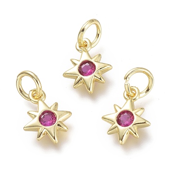 Brass Micro Pave Cubic Zirconia Pendants, with Jump Rings, Star, Real 18K Gold Plated, Fuchsia, 10x8x2mm, Hole: 3.5mm