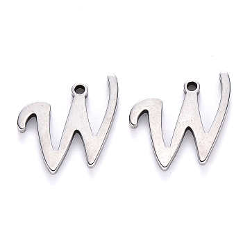 201 Stainless Steel Charms, Laser Cut, Stainless Steel Color, Letter.W, 12x14x1mm, Hole: 1mm