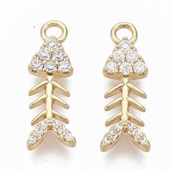 Brass Micro Pave Clear Cubic Zirconia Pendants, Nickel Free, Fishbone, Real 18K Gold Plated, 18.5x6x2mm, Hole: 1.8mm