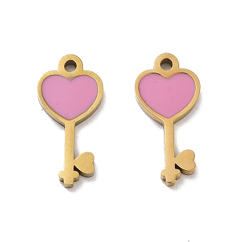 Ion Plating(IP) 316 Stainless Steel Enamel Charms, Heart Key Charm, Real 18K Gold Plated, Pearl Pink, 14x7x1.5mm, Hole: 1mm