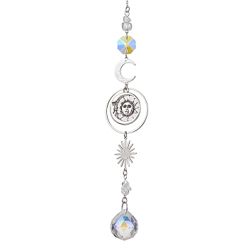 Natural Quartz Crystal Chip Hanging Ornaments, Sun & Glass Teardrop Hanging Suncatcher, Platinum, 290mm