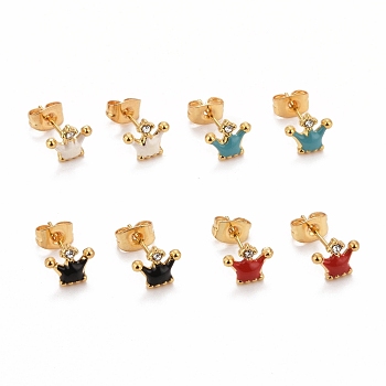 304 Stainless Steel Enamel & Glass Stud Earrings, with 316 Stainless Steel Pin, Crown, Mixed Color, 7x8mm, Pin: 0.7mm