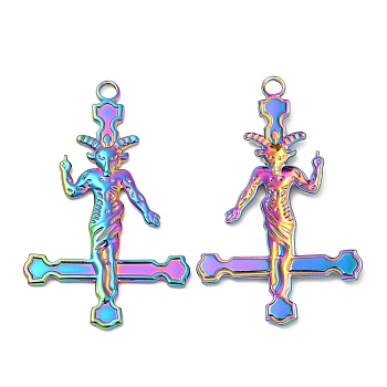 304 Stainless Steel Pendants, Cross with Baphomet Charm, Rainbow Color, 43x27x2mm, Hole: 3mm