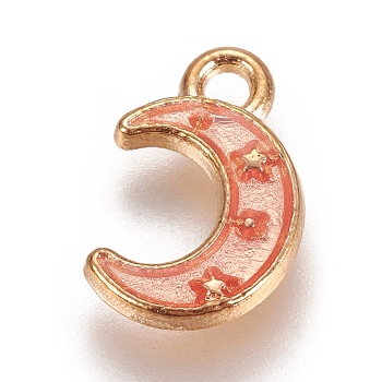 Zinc Alloy Pendants, with Enamel, Moon with Star, Light Gold, Pink, 11.5x7.5x1.5mm, Hole: 1.4mm