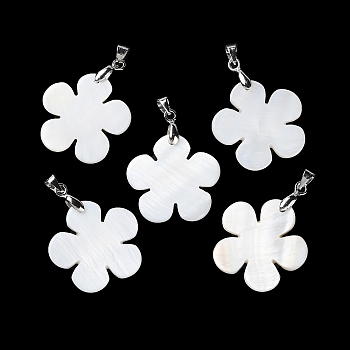 Natural White Shell Pendants, Flower Charms with Platinum Plated Brass Pinch Bails, White, 23x24x1.5~2mm, Hole: 5x4mm