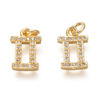Brass Micro Pave Clear Cubic Zirconia Pendants, Real 18K Gold Plated, with Jump Rings, 12 Constellations, Cadmium Free & Lead Free, Gemini, 11.5x8x2mm, Hole: 2mm